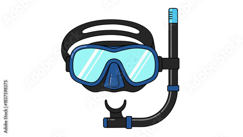Black Diving Mask With Blue Accents And Snorkel On A Simple Black Background For Underwater Exploration