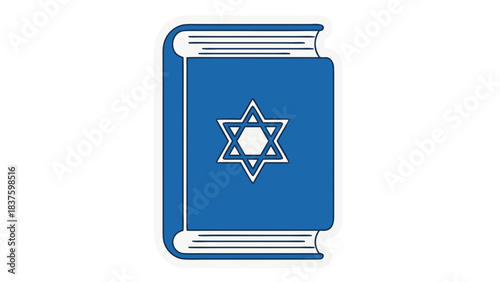 Blue Book with Star of David Symbol Open Pages and White Outline on Black Background Religious Judaism Symbol Detailed Illustration
