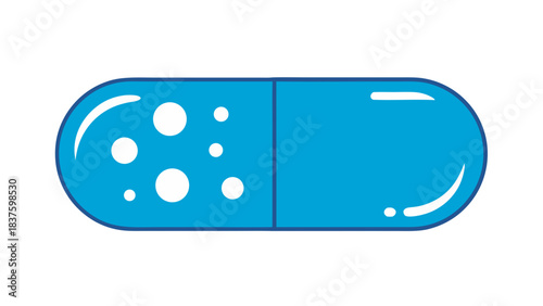 Blue Capsule with White Bubbles and Clear Exterior Showing Medication Contents Isolated on Black Background
