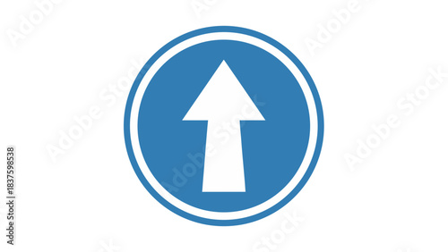Blue circular traffic sign with white arrow pointing straight ahead on a black background indicating forward direction traffic control symbol