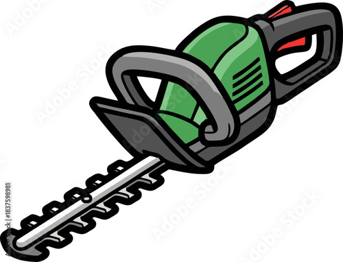 Green and gray electric hedge trimmer for garden maintenance.