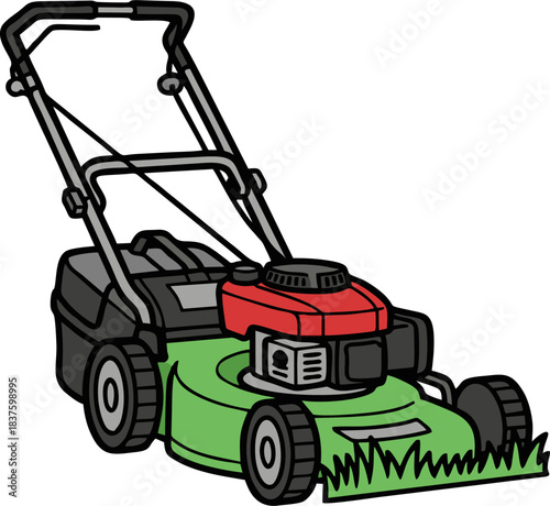 Green lawn mower cartoon illustration cutting grass.