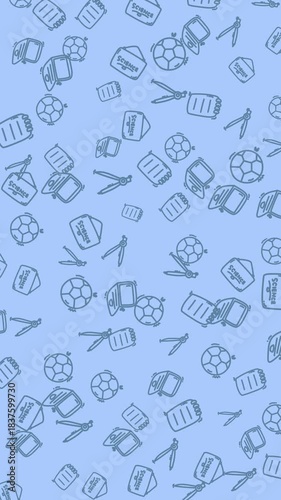 Vertical Blue image of soccer balls, laptops, notebooks, science books, and drawing compasses with Zoom in Out looping animation. Perfect for sports, education, technology, and creativity concepts.
