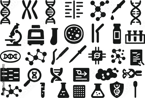 30 Bio-Tech Solid Black Silhouette Icons Set on White Background