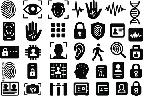 30 Biometric Data Solid Black Silhouette Icons Set on White Background