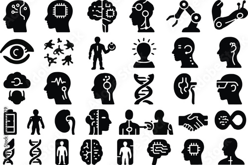 30 Transhumanism Solid Black Silhouette Icons Set on White Background
