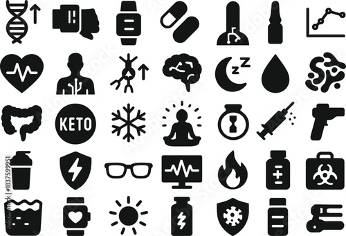 30 Biohacking Solid Black Silhouette Icons Set on White Background
