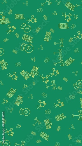 Pattern featuring cell phones, cameras, speakers, and webcams on a Vertical green background. Ideal for technology, communication, multimedia, or social media concepts.