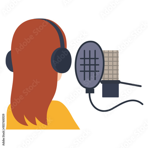 レコーディングマイクに向かう女性の後ろ姿のイラスト