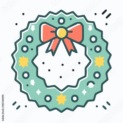 Festive Christmas Wreath Icon with a Red Bow and Decorative Stars, Perfect for Holiday Celebrations and Seasonal Greetings