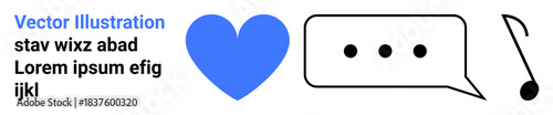Communication, love, music, creativity, social media, digital interaction. Blue heart, speech bubble with dots and music note on white backdrop. Communication and love concept