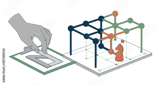 A hand draws a chess knight on a blueprint with a ruler, next to a 3d model of a chess board, isolated on