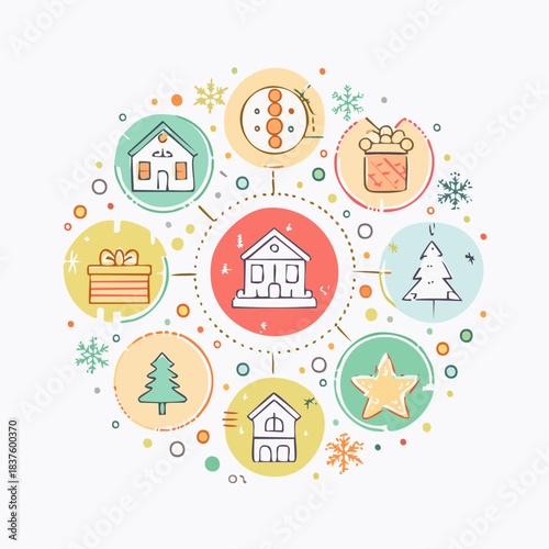 Festive Circle of Holiday Icons - Houses, Gifts, Trees, and Stars