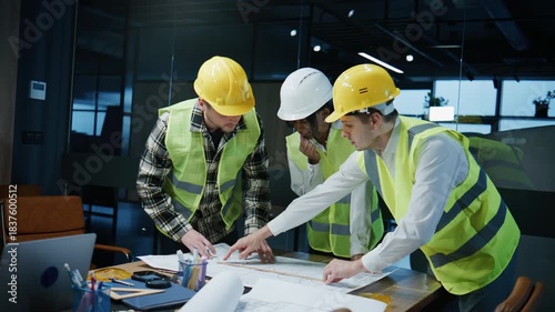 Three engineers discuss blueprints and plans in an office setting while wearing safety helmets and vests during a project meeting