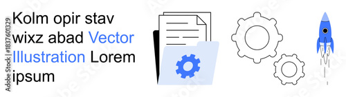 Business processes, innovation, workflow management, technology, startup development, and technical services. Documents, gears and a rocket are . Innovation and business processes