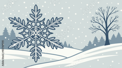 A winter landscape with a large snowflake in the foreground and snow covered hills and trees in the background