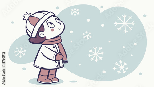 A young girl in winter clothing looking up at falling snowflakes in a whimsical cartoon illustration