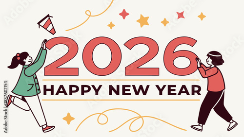 Illustration of two people holding up the year 2026 with happy new year text and star accents