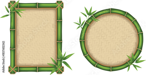 Bamboo Frame Set, Square and Round Woven Mat Background, Green Tropical Plant Stems, Leaves and Sticks Tied for Natural Asian Design, Wood Style Border Vector Illustration