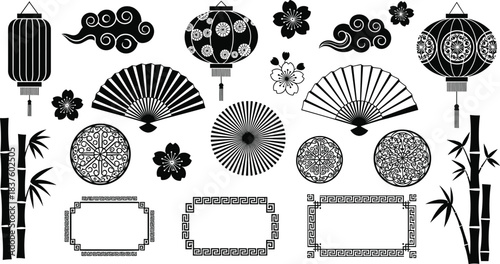 Traditional Asian Black and White Silhouette Vector Set, Including Chinese and Japanese Lanterns, Cherry Blossom Flowers, Folding Fans, Bamboo Shoots, Geometric Frames