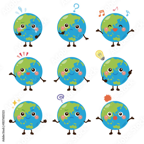地球のキャラクターイラスト　表情セット／Cute Earth Character Illustration – Expression Set