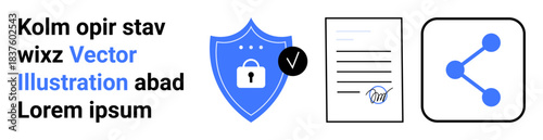 Cybersecurity, data protection, document verification, information sharing, online agreements, secure transactions. Blue shield with a lock, document with signature sharing nodes. Cybersecurity