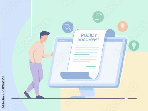 Man reviewing policy document on computer screen.