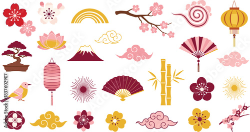 Set of Traditional Japanese and Asian Culture Symbols and Nature Icons, Including Cherry Blossoms, Lotus, Fans, Lanterns, Mount Fuji, Bonsai Tree, Clouds, and Birds in Flat Design