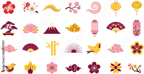 Set of Traditional Japanese and Asian Culture Symbols and Nature Icons, Including Cherry Blossoms, Lotus, Fans, Lanterns, Mount Fuji, Bonsai Tree, Clouds, and Birds in Flat Design