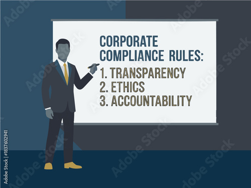Businessman presenting corporate compliance rules on transparency, ethics, and accountability.
