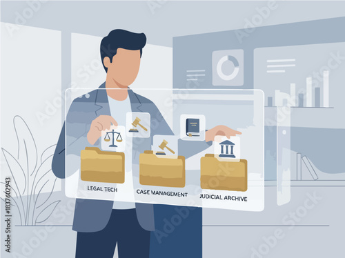 Man Interacting with Digital Legal Document Management System.