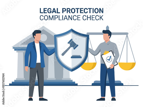 Two men standing, one holding a shield with a gavel, the other a clipboard, representing legal protection and compliance check.
