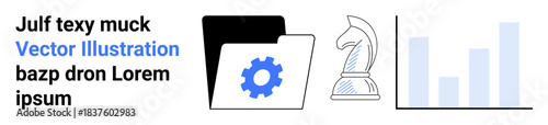 Business strategy, data management, workflow automation, analytics, technology innovation, process improvement. Folder with gear icon, chess knight bar chart. Data management and strategy concept