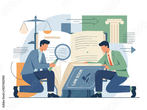 Two men analyzing law books and legal documents with a magnifying glass.