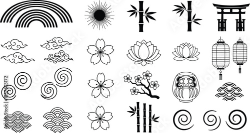 Definitive Oriental Vector Graphic Collection, Featuring Colorful Botanical Elements, Japanese Lanterns, Traditional Frames, Plum Blossom, Bamboo, Cloud Patterns, and Chinese New Year Icons