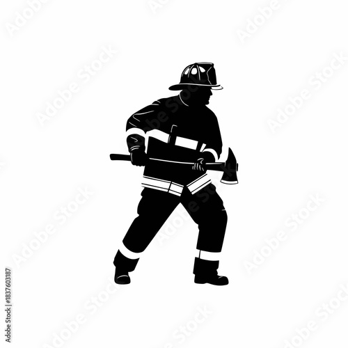 vector silhouette of a firefighter carrying an axe on a white background