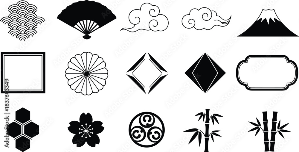 Fototapeta premium Extensive Oriental Vector Graphic Collection, Featuring Colorful Botanical Elements, Japanese Lanterns, Traditional Frames, Plum Blossom, Bamboo, Cloud Patterns, and Chinese New Year Icons