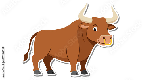 Brown Bull with Golden Nose Ring and White Horns Standing Confidently on a Transparent Background Depicting Strength and Robustness