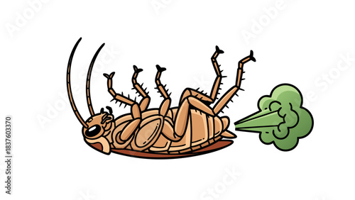 Brown Cockroach Lying On Its Back Emitting Green Gas From Its Rear With A Black Background And Exaggerated Facial Expression