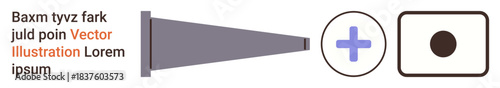 Data processing, decision-making, analysis tools, system workflows, information sorting, data management. A funnel with a plus symbol and a target icon. Data processing and decision-making concept