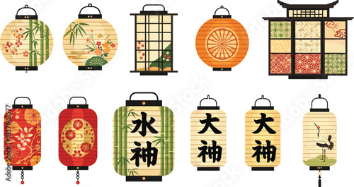 Comprehensive Asian Vector Graphic Collection, Featuring Colorful Botanical Elements, Japanese Lanterns, Traditional Frames, Plum Blossom, Bamboo, and Black-and-White Icons