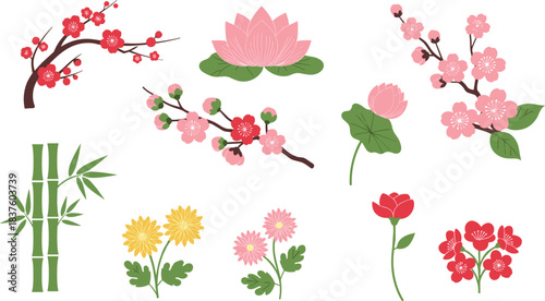 Beautiful Oriental Floral Collection Vector Set, Featuring Plum Blossom, Cherry Blossom, Serene Lotus, Bamboo, and Delicate Chrysanthemum; Traditional Japanese Minimalist Design