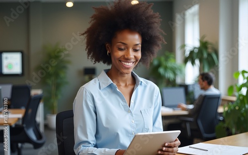 Happy, portrait and black woman with tablet for business, research or data at office desk. Young African, female person or employee with smile on technology for browsing, communication or finance