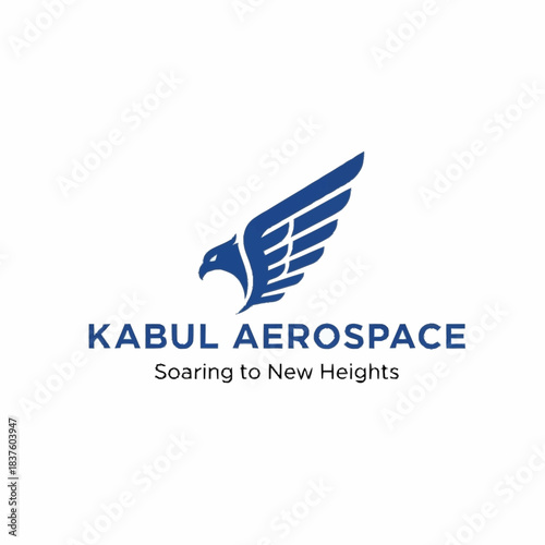 A blue logo for Kabul Aerospace featuring a stylized eagle head and wing with the tagline "Soaring to New Heights" on a white background.