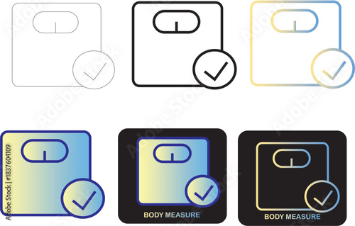 Minimalist body weight scale icons with checkmark symbols, symbolizing accurate health monitoring, fitness tracking, and personal wellness progress for digital interfaces