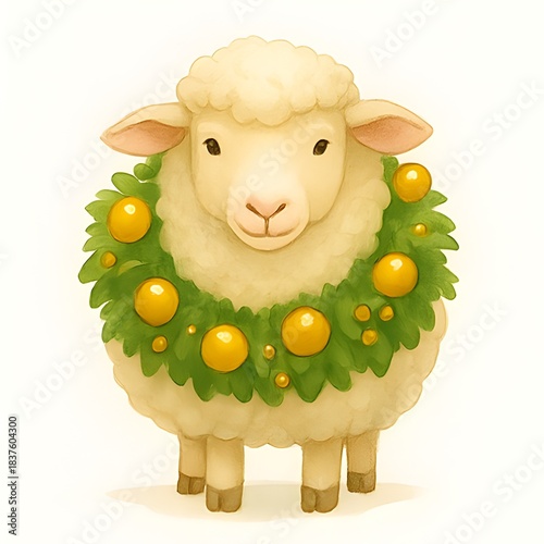 Schaf mit Kranz - Weihnachtliches Schaf - Schaf Winter Wallpaper - Tier Illustration - Schaf Weihnachten Hintergrundbild 