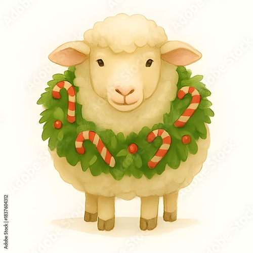 Winterschaf Bild - Weihnachtlches Schaf - Schaf Winter Wallpaper - Tier Illustration - Schaf mit Kranz Hintergrundbild