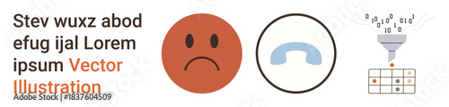 Communication, data processing, information filtering, emotional expression, technology concepts, digital systems. Sad emotion face, blue phone icon data funnel to a table. Communication and data