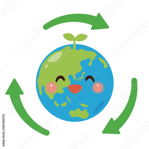 地球のキャラクターとリサイクルマークのイラスト／Cute Earth Character with a Recycling Symbol Illustration