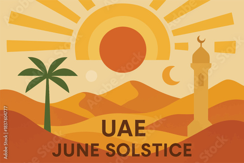 Abstract UAE June Solstice scene with flowing sun shapes stylized dunes and minimal seasonal design